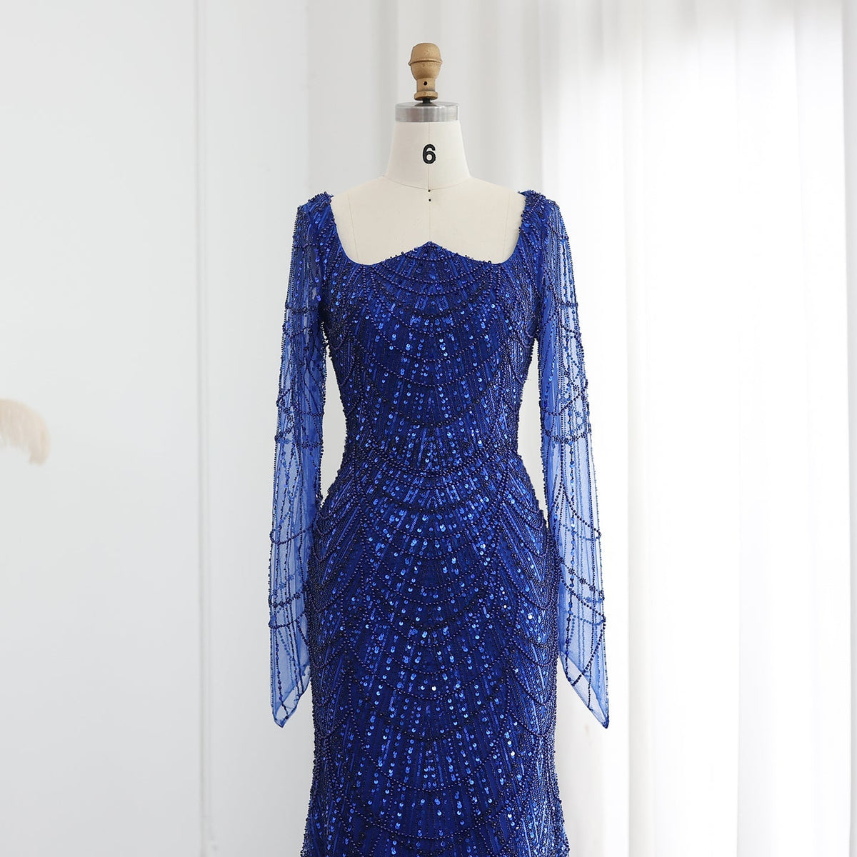 Luxury Beaded Champagne Long Sleeves Mermaid Evening Dress SS114