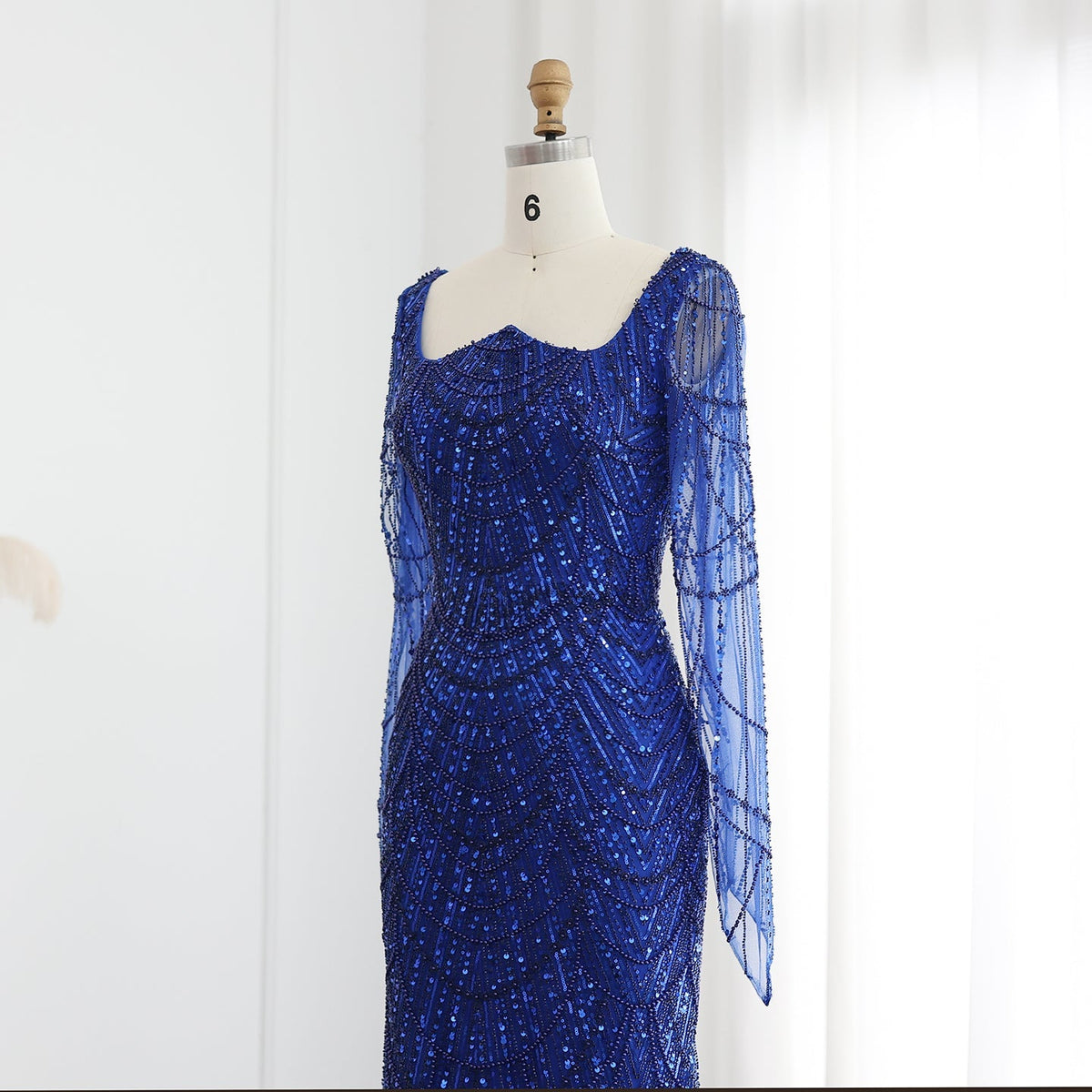 Luxury Beaded Champagne Long Sleeves Mermaid Evening Dress SS114