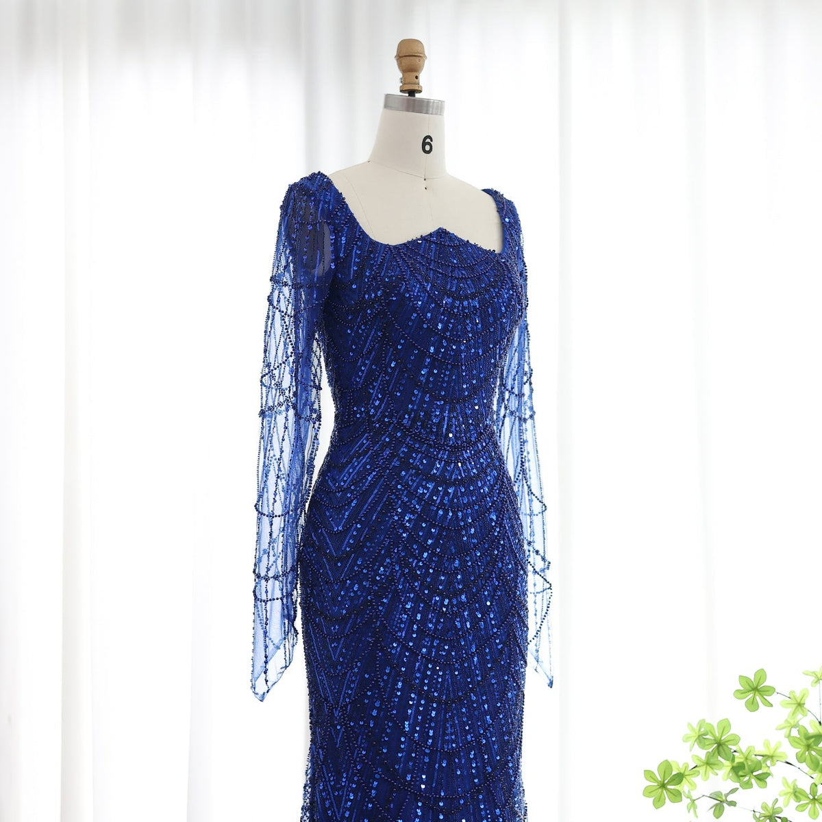 Luxury Beaded Champagne Long Sleeves Mermaid Evening Dress SS114