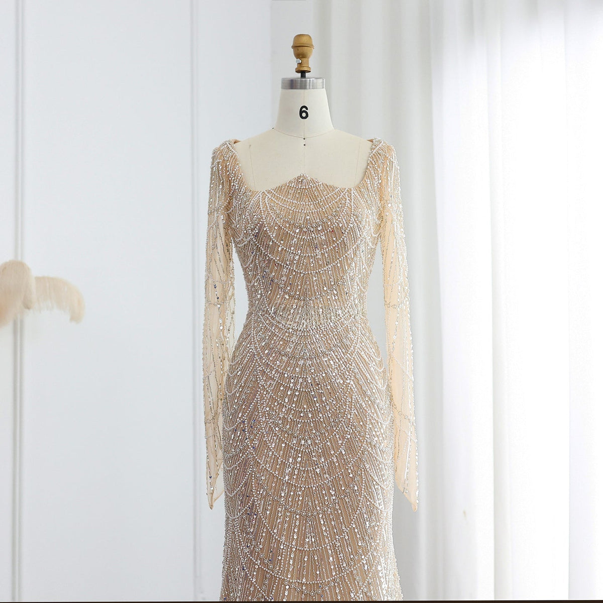 Luxury Beaded Champagne Long Sleeves Mermaid Evening Dress SS114