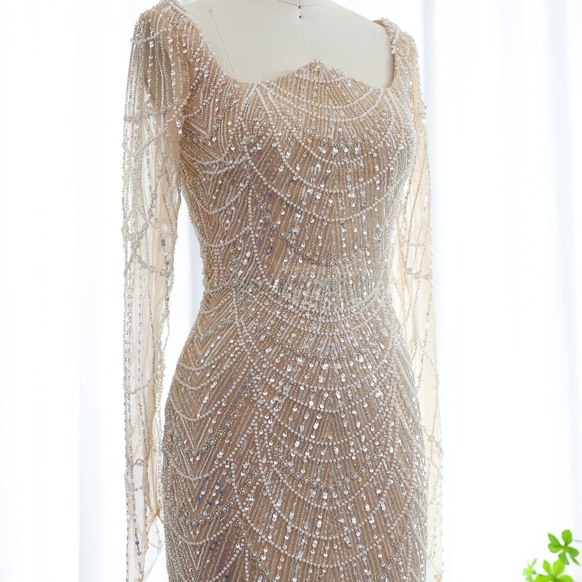 Luxury Beaded Champagne Long Sleeves Mermaid Evening Dress SS114