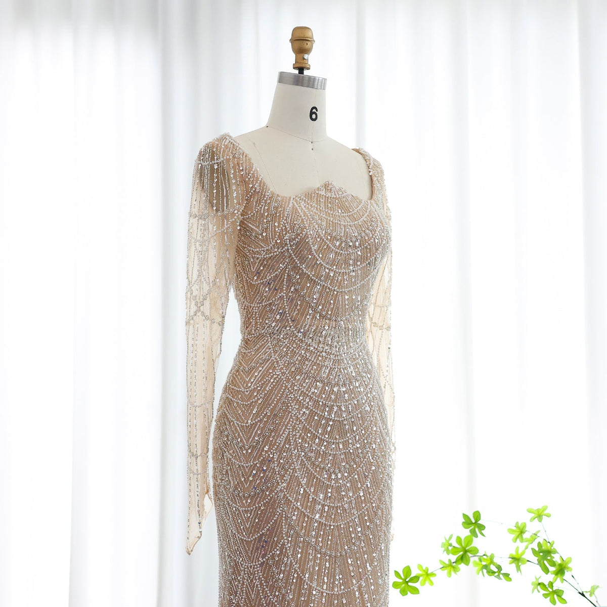 Luxury Beaded Champagne Long Sleeves Mermaid Evening Dress SS114