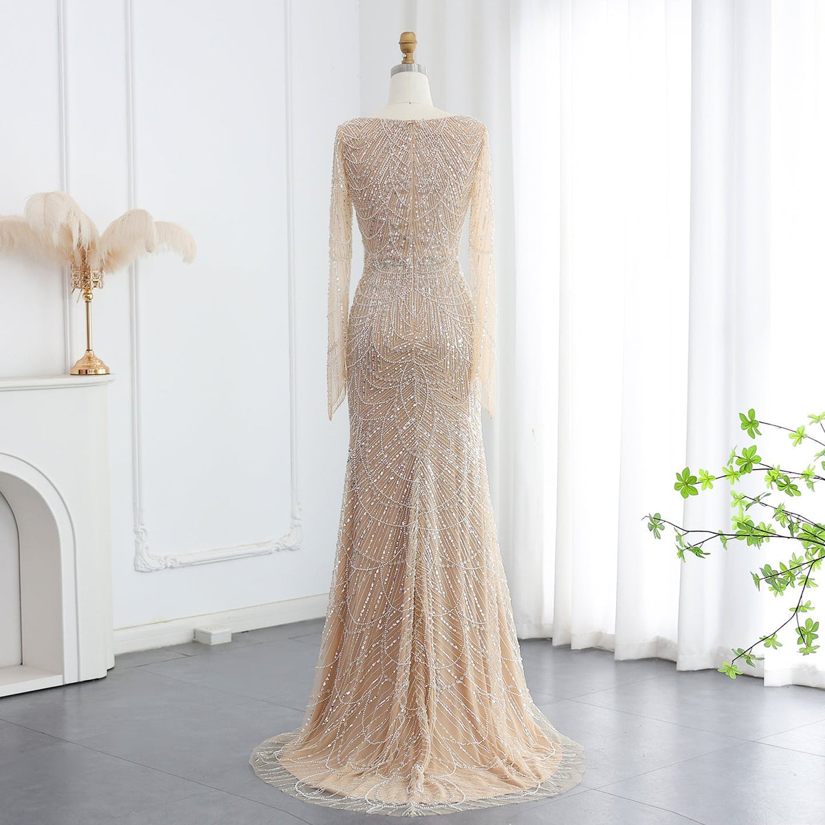 Luxury Beaded Champagne Long Sleeves Mermaid Evening Dress SS114
