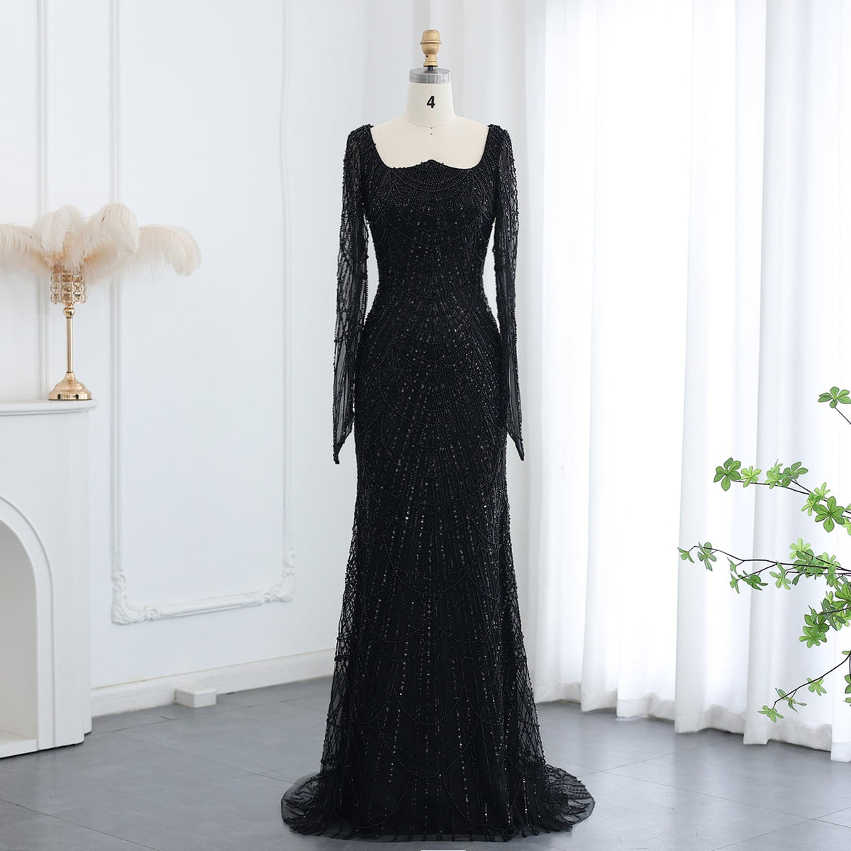 Luxury Beaded Champagne Long Sleeves Mermaid Evening Dress SS114