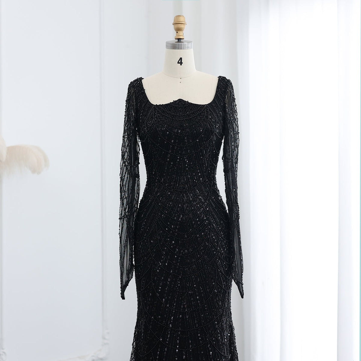 Luxury Beaded Champagne Long Sleeves Mermaid Evening Dress SS114