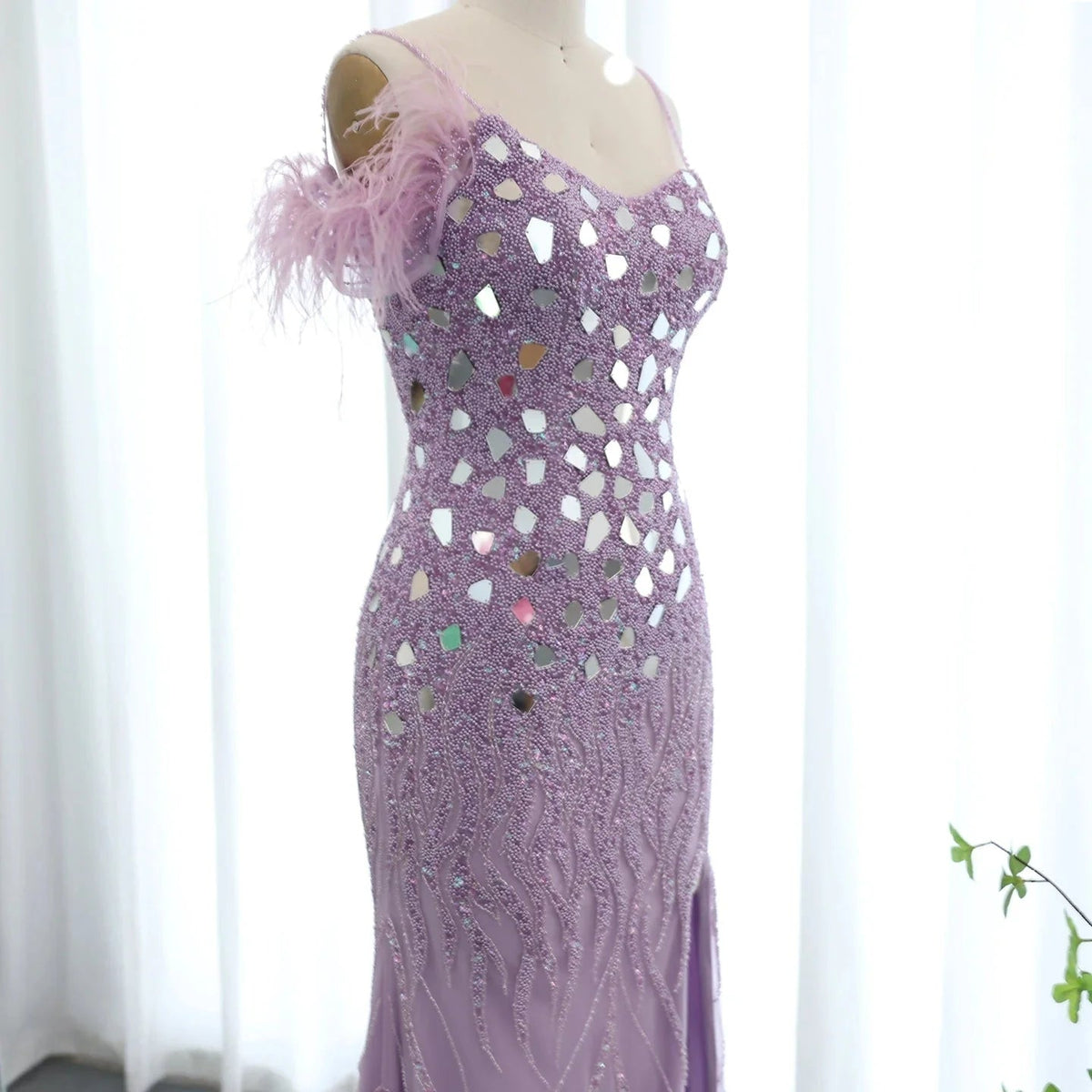 Luxury Beaded Feather Mermaid Silver Nude Evening Dress for Women Wedding Party Elegant Dubai Formal Prom Gown SS165