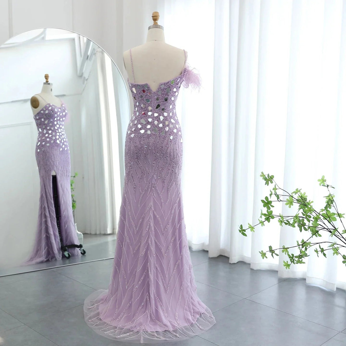 Luxury Beaded Feather Mermaid Silver Nude Evening Dress for Women Wedding Party Elegant Dubai Formal Prom Gown SS165