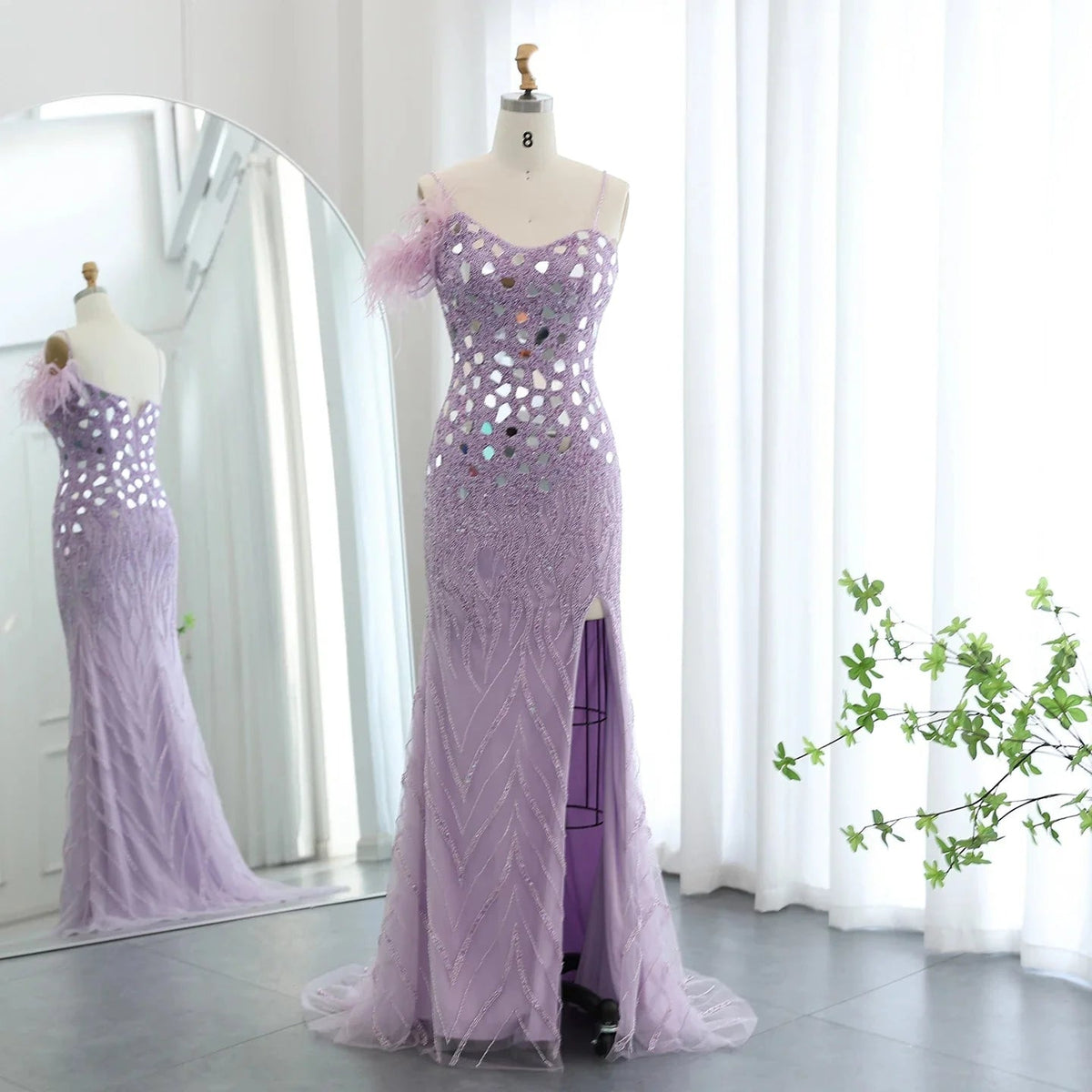 Luxury Beaded Feather Mermaid Silver Nude Evening Dress for Women Wedding Party Elegant Dubai Formal Prom Gown SS165