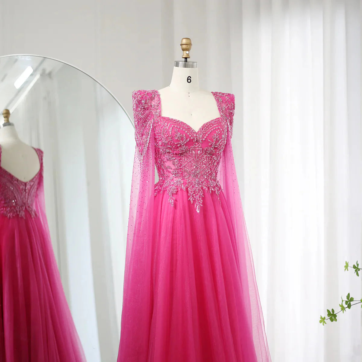 Luxury Beaded Fuchsia Evening Dress with Cape Sleeves SS242
