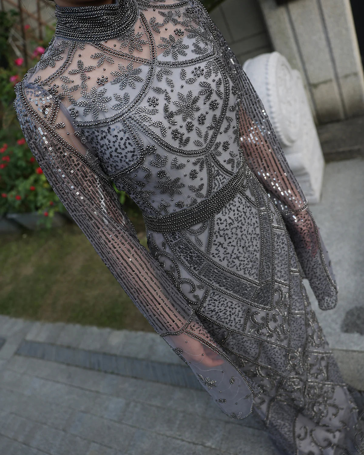 Luxury Beaded Gray Evening Dress with Flare Long Sleeves SS204