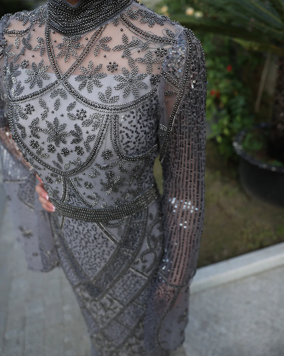 Luxury Beaded Gray Evening Dress with Flare Long Sleeves SS204