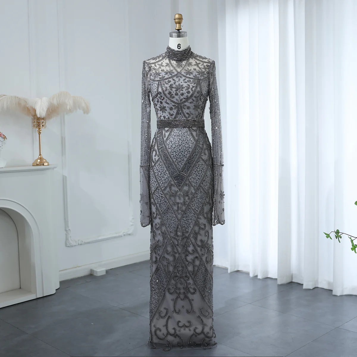 Luxury Beaded Gray Evening Dress with Flare Long Sleeves SS204