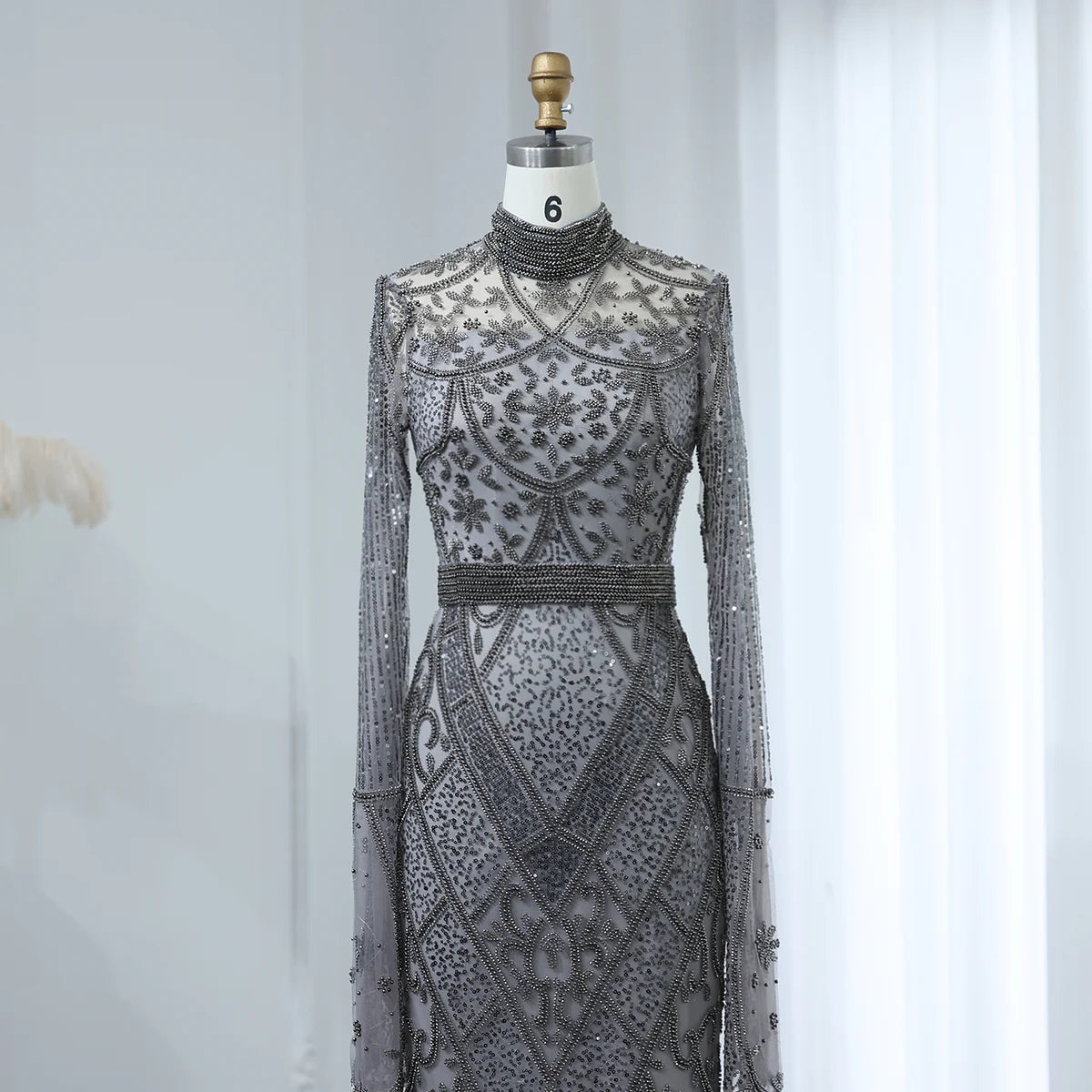 Luxury Beaded Gray Evening Dress with Flare Long Sleeves SS204