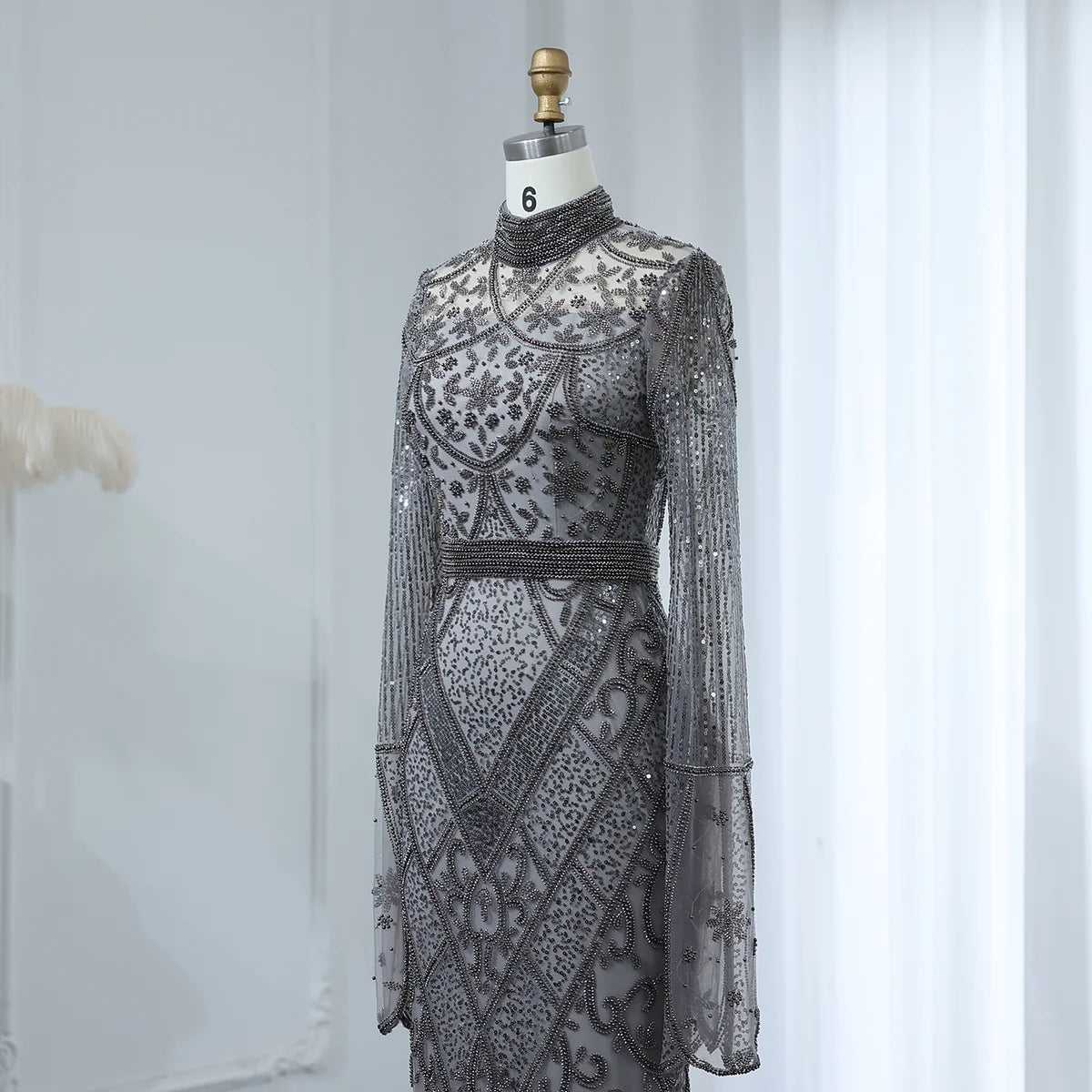 Luxury Beaded Gray Evening Dress with Flare Long Sleeves SS204