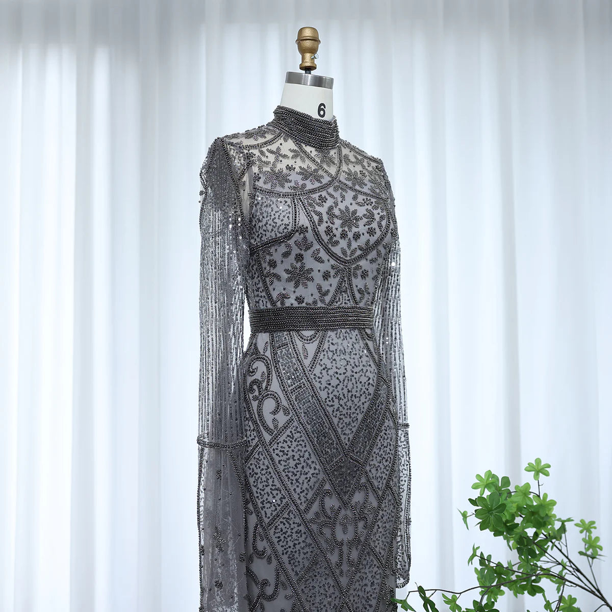 Luxury Beaded Gray Evening Dress with Flare Long Sleeves SS204