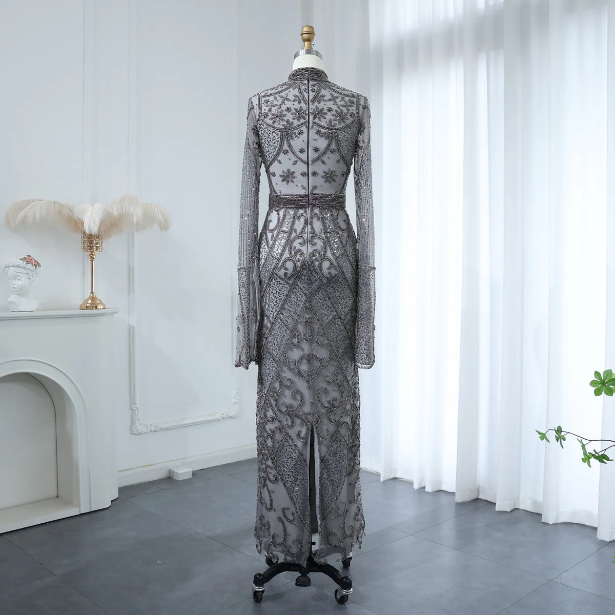 Luxury Beaded Gray Evening Dress with Flare Long Sleeves SS204