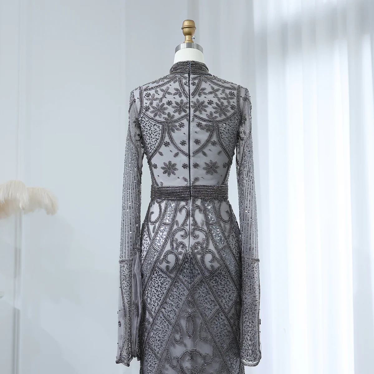 Luxury Beaded Gray Evening Dress with Flare Long Sleeves SS204
