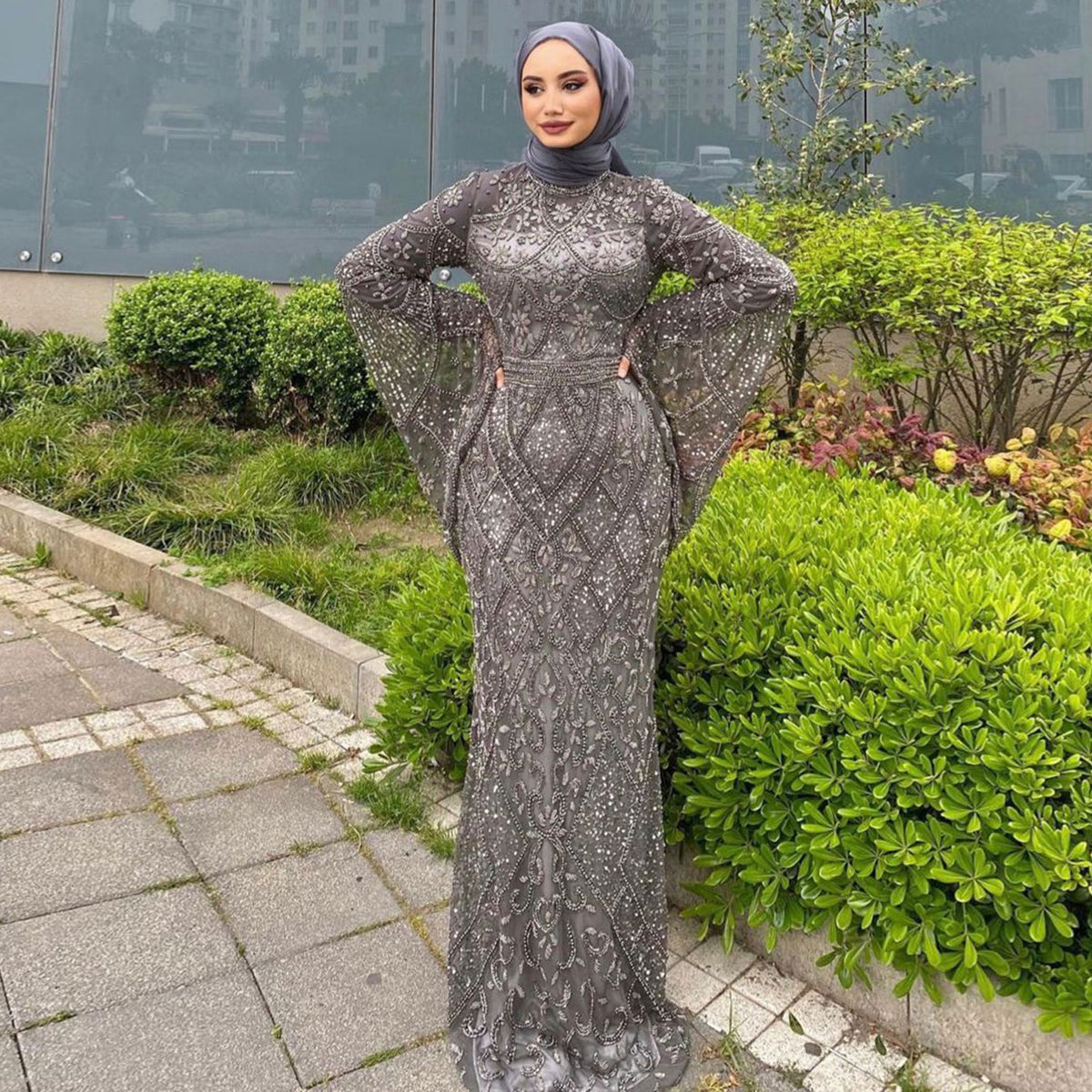 Luxury Beaded Gray Evening Dress with Flare Long Sleeves SS204