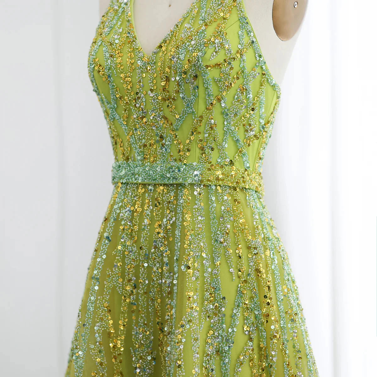 Luxury Beaded Lemon Green Halter High Low Evening Dresses SS472