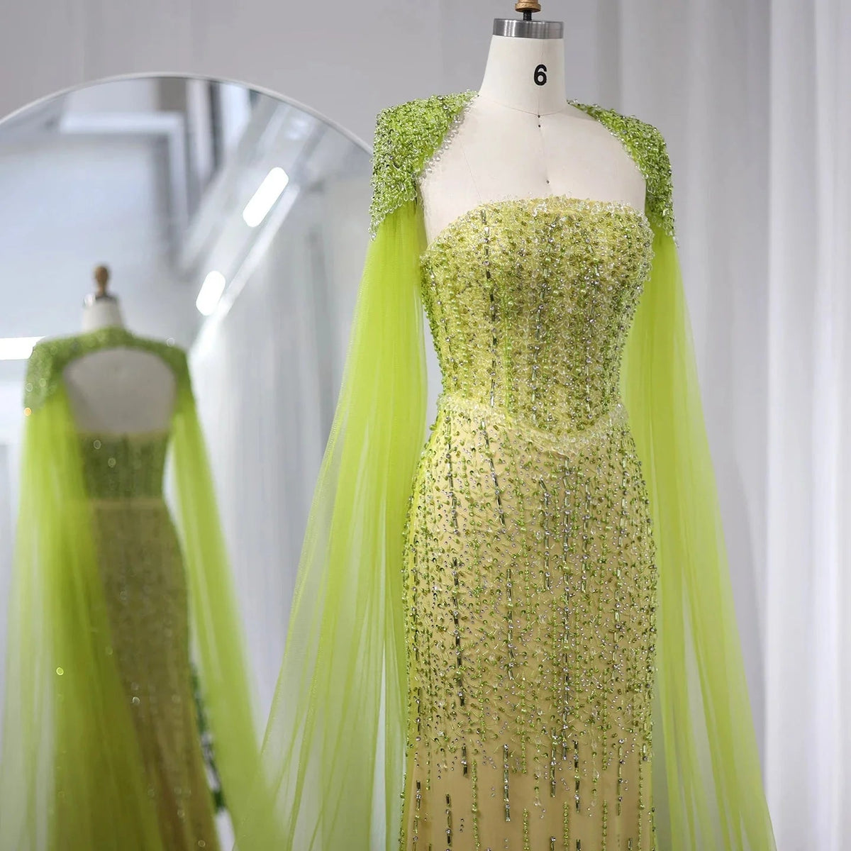 Luxury Beaded Mermaid Lime Green Evening Dress with Cape Sleeves Elegant Arabic Women Wedding Party Prom Dress SS443