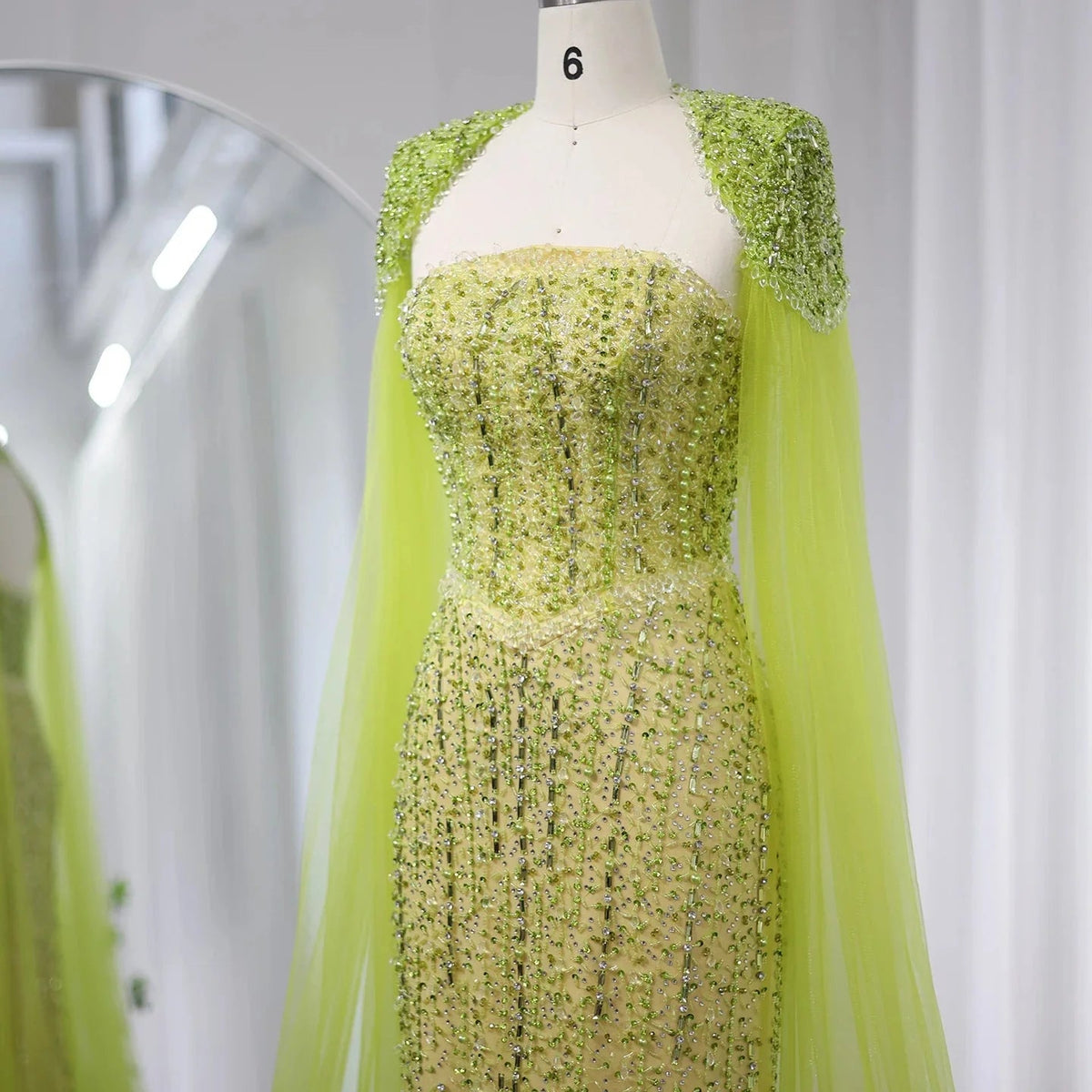 Luxury Beaded Mermaid Lime Green Evening Dress with Cape Sleeves Elegant Arabic Women Wedding Party Prom Dress SS443