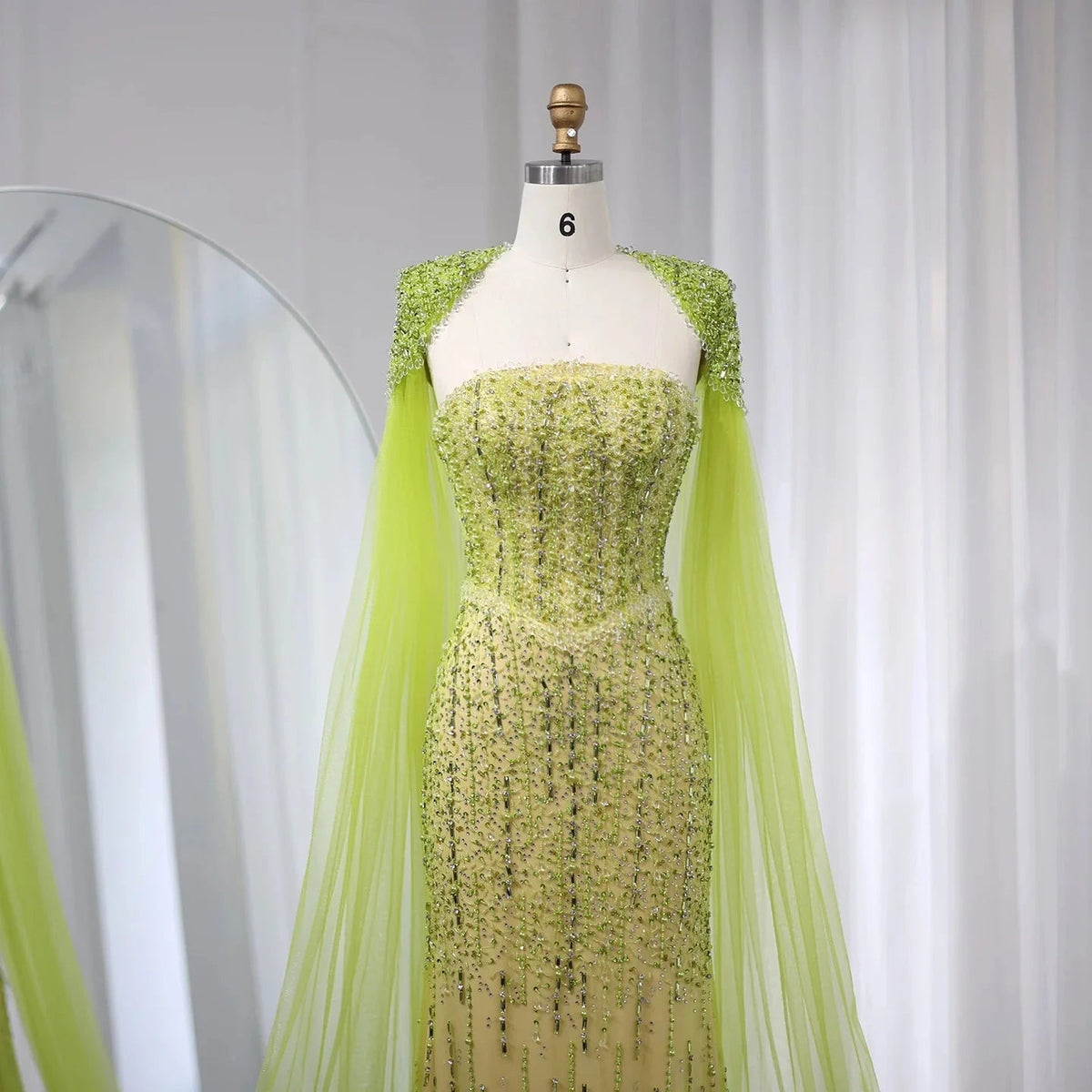 Luxury Beaded Mermaid Lime Green Evening Dress with Cape Sleeves Elegant Arabic Women Wedding Party Prom Dress SS443
