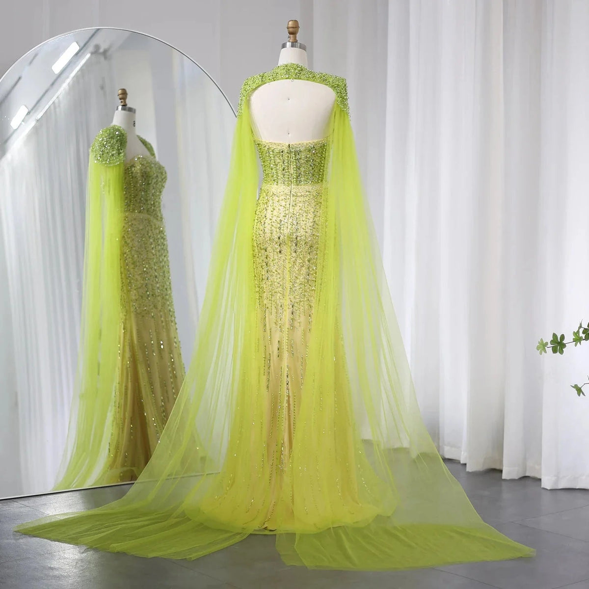 Luxury Beaded Mermaid Lime Green Evening Dress with Cape Sleeves Elegant Arabic Women Wedding Party Prom Dress SS443