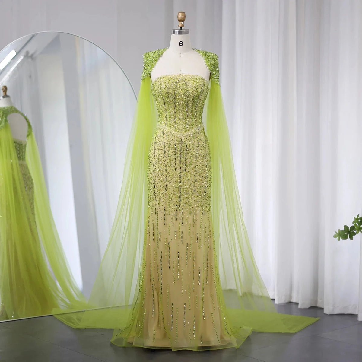 Luxury Beaded Mermaid Lime Green Evening Dress with Cape Sleeves Elegant Arabic Women Wedding Party Prom Dress SS443