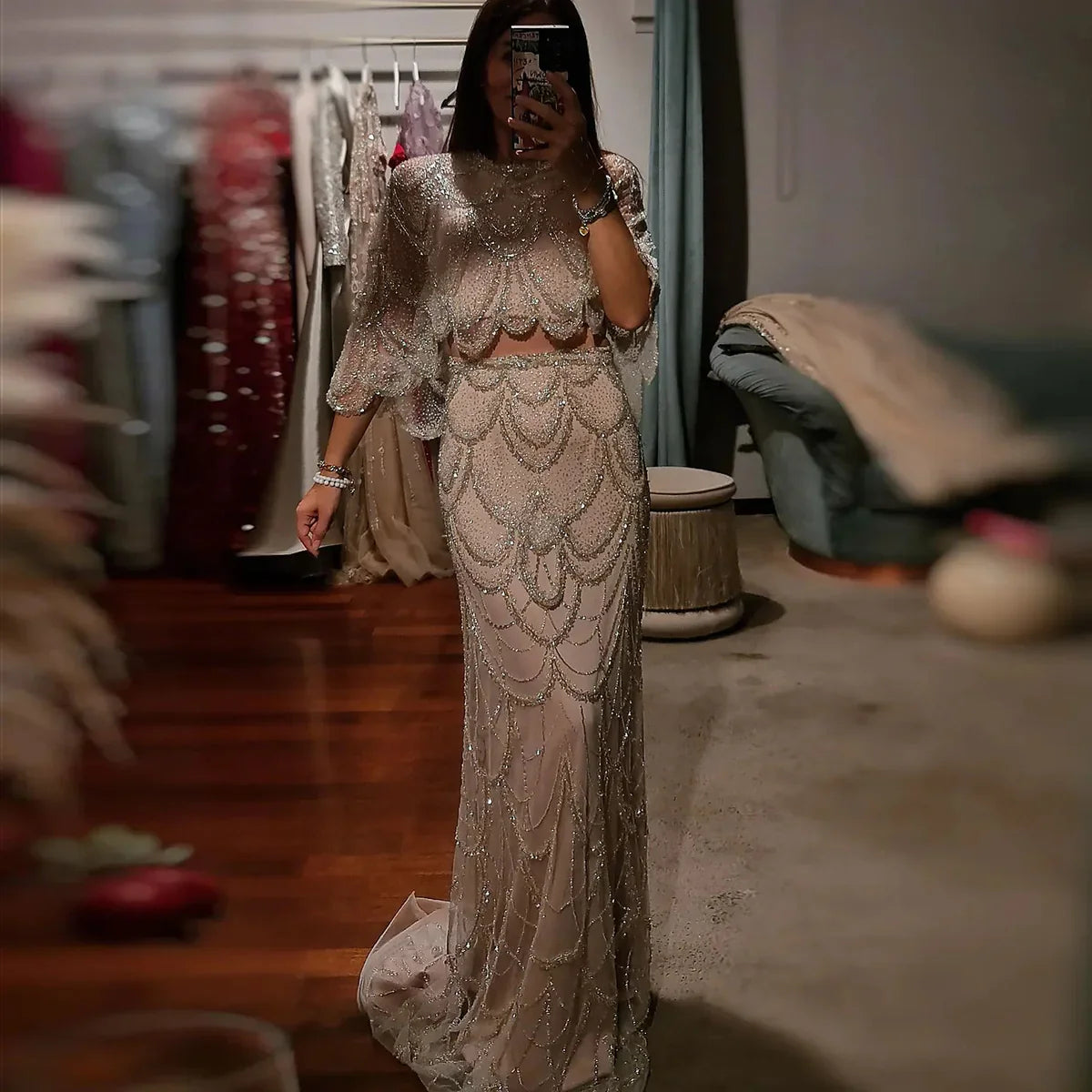 Luxury Beaded Nude Two Pieces Evening Dress SS091
