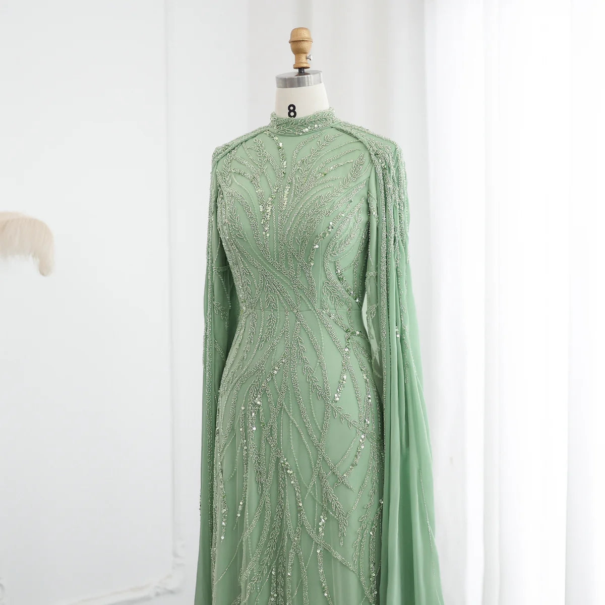 Luxury Beaded Sage Green Long Sleeves Evening Dress SS387