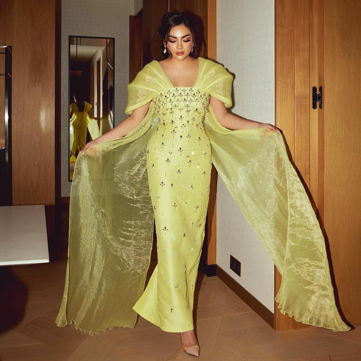 Luxury Beaded Yellow Evening Dress with Cape SS570