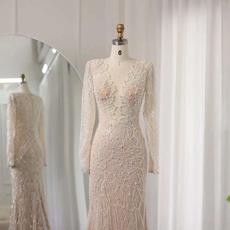 Luxury Beige Mermaid Dubai Evening Dress 2024 for Women Wedding Long Sleeves Arabic Bridal Prom Party Gowns 459