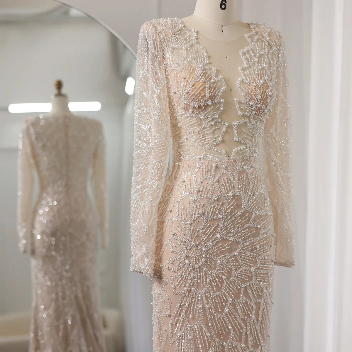 Luxury Beige Mermaid Dubai Evening Dress 2024 for Women Wedding Long Sleeves Arabic Bridal Prom Party Gowns 459