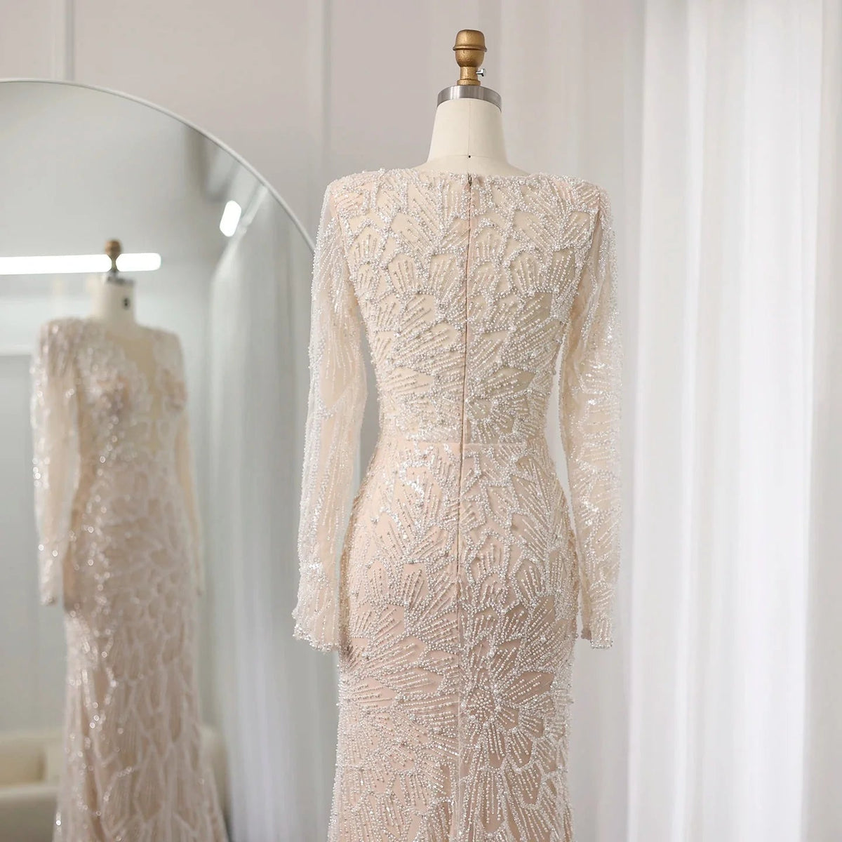 Luxury Beige Mermaid Dubai Evening Dress 2024 for Women Wedding Long Sleeves Arabic Bridal Prom Party Gowns 459