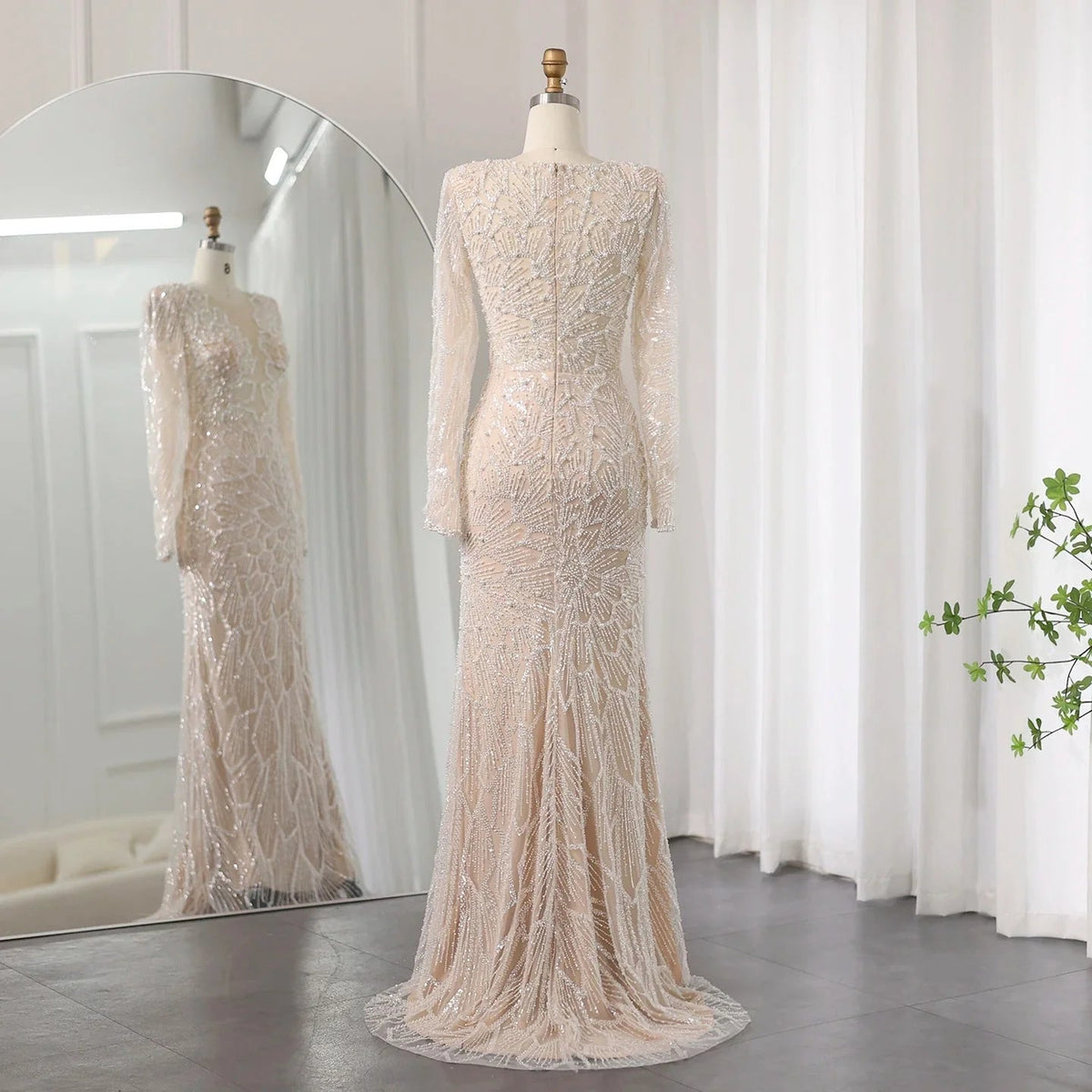 Luxury Beige Mermaid Dubai Evening Dress 2024 for Women Wedding Long Sleeves Arabic Bridal Prom Party Gowns 459