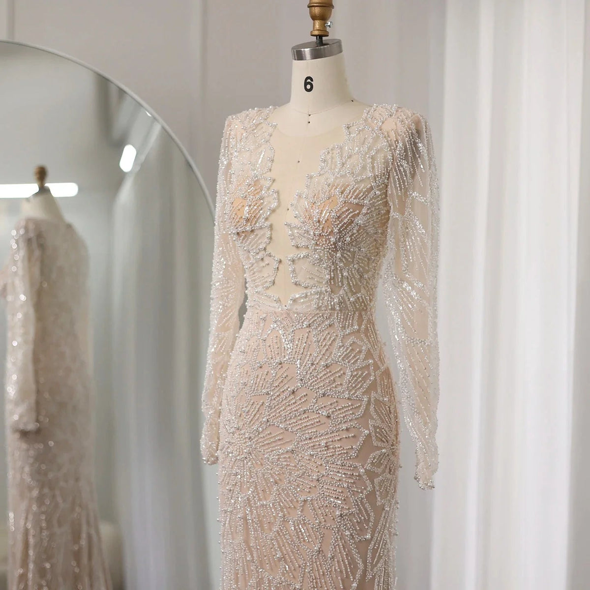 Luxury Beige Mermaid Dubai Evening Dress 2024 for Women Wedding Long Sleeves Arabic Bridal Prom Party Gowns 459