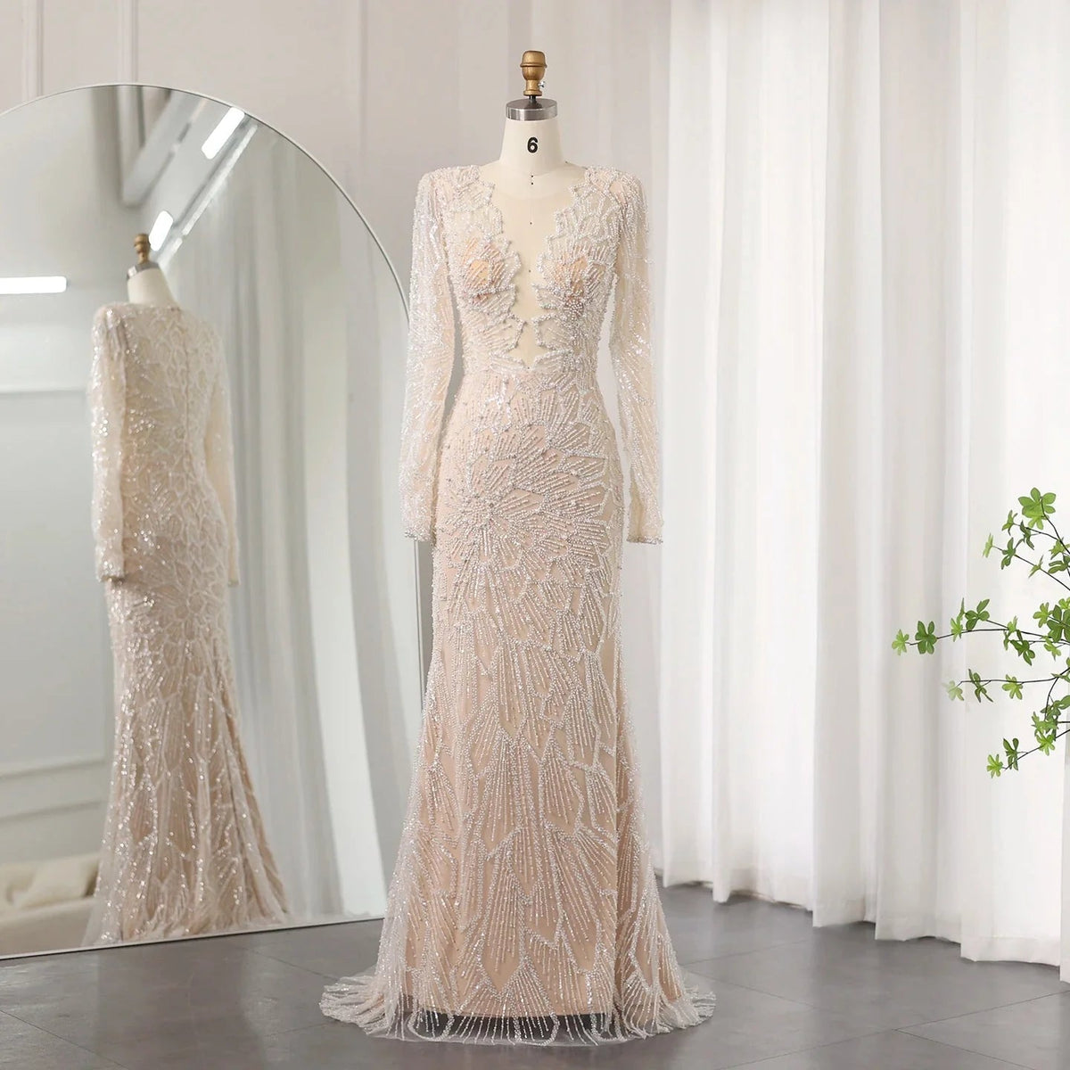 Luxury Beige Mermaid Dubai Evening Dress 2024 for Women Wedding Long Sleeves Arabic Bridal Prom Party Gowns 459