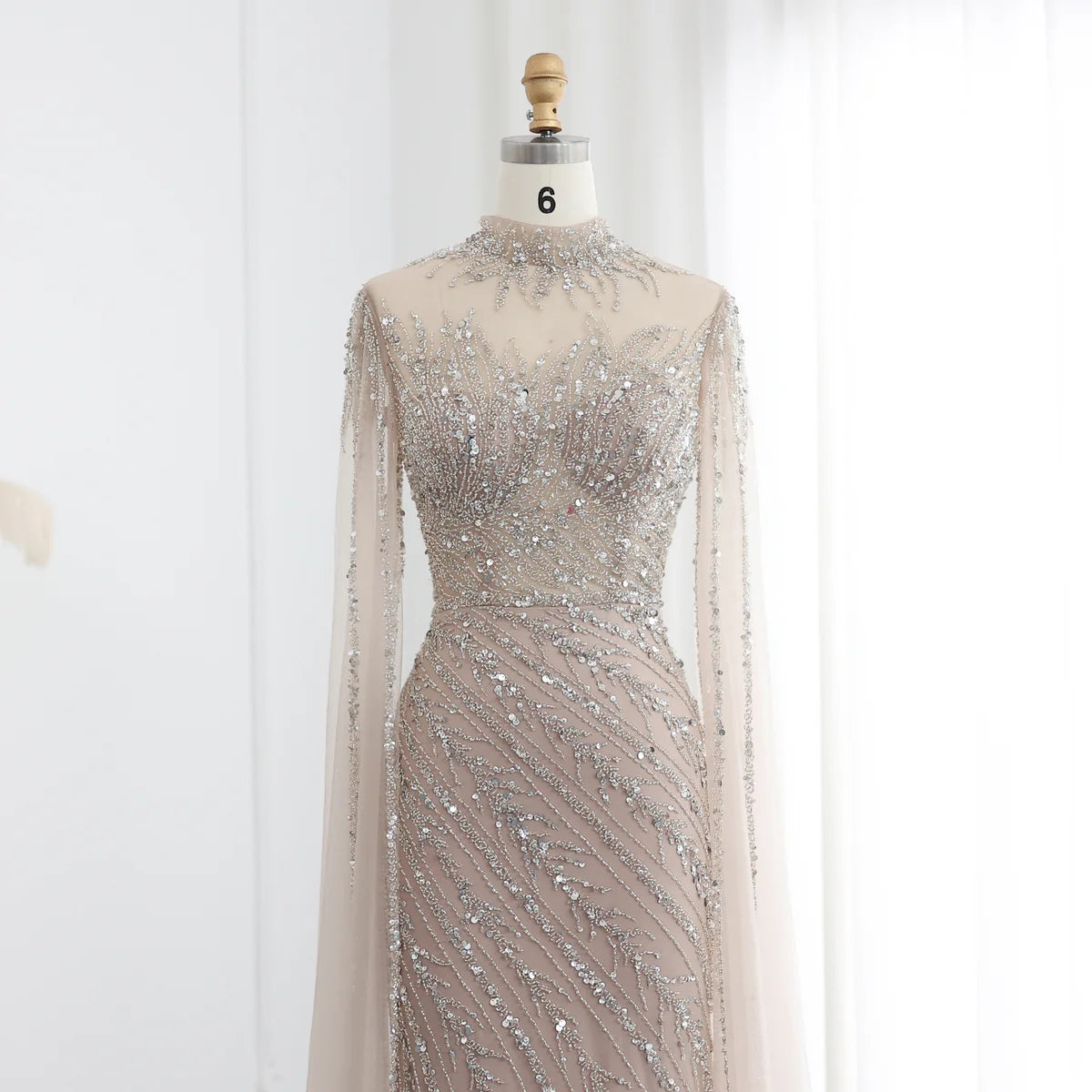 Luxury Black High Neck Evening Dress with Cape Sleeves SS162