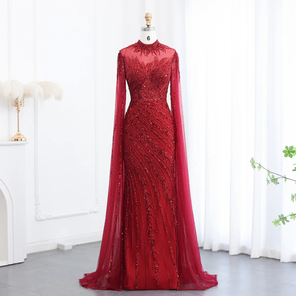 Luxury Black High Neck Evening Dress with Cape Sleeves SS162