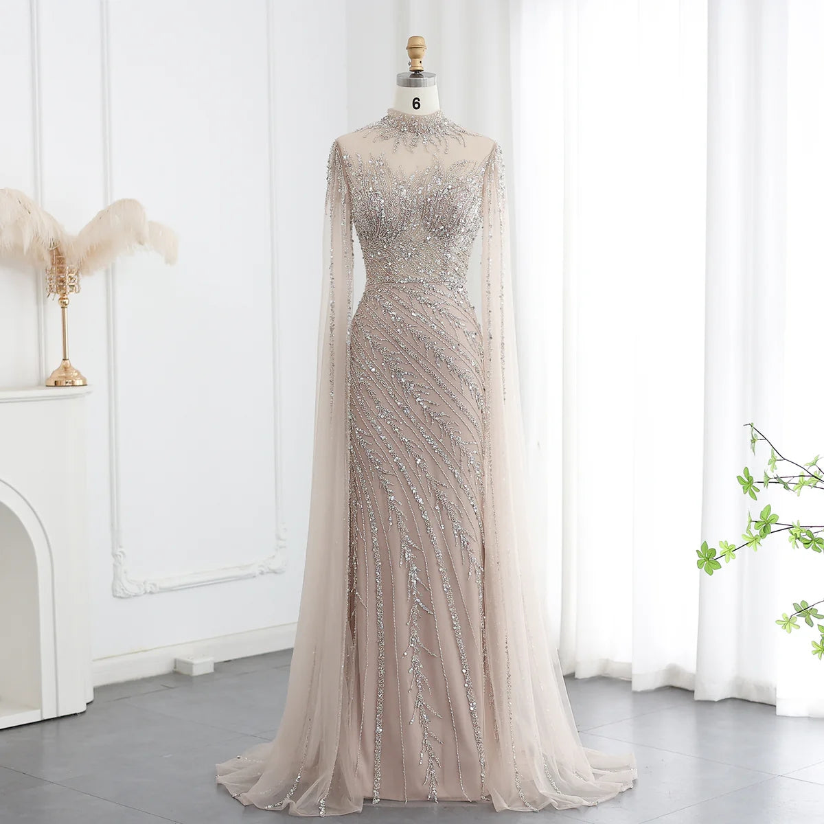 Luxury Black High Neck Evening Dress with Cape Sleeves SS162
