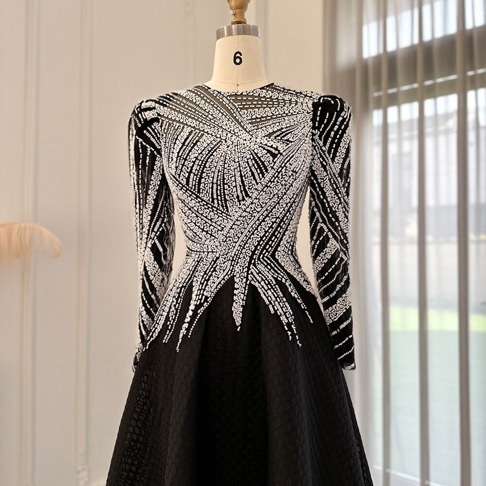 Luxury Black Short Muslim Evening Dress Long Sleeve 2023 Elegant A-Line Arabic Women Party Prom Formal Dresses SS212