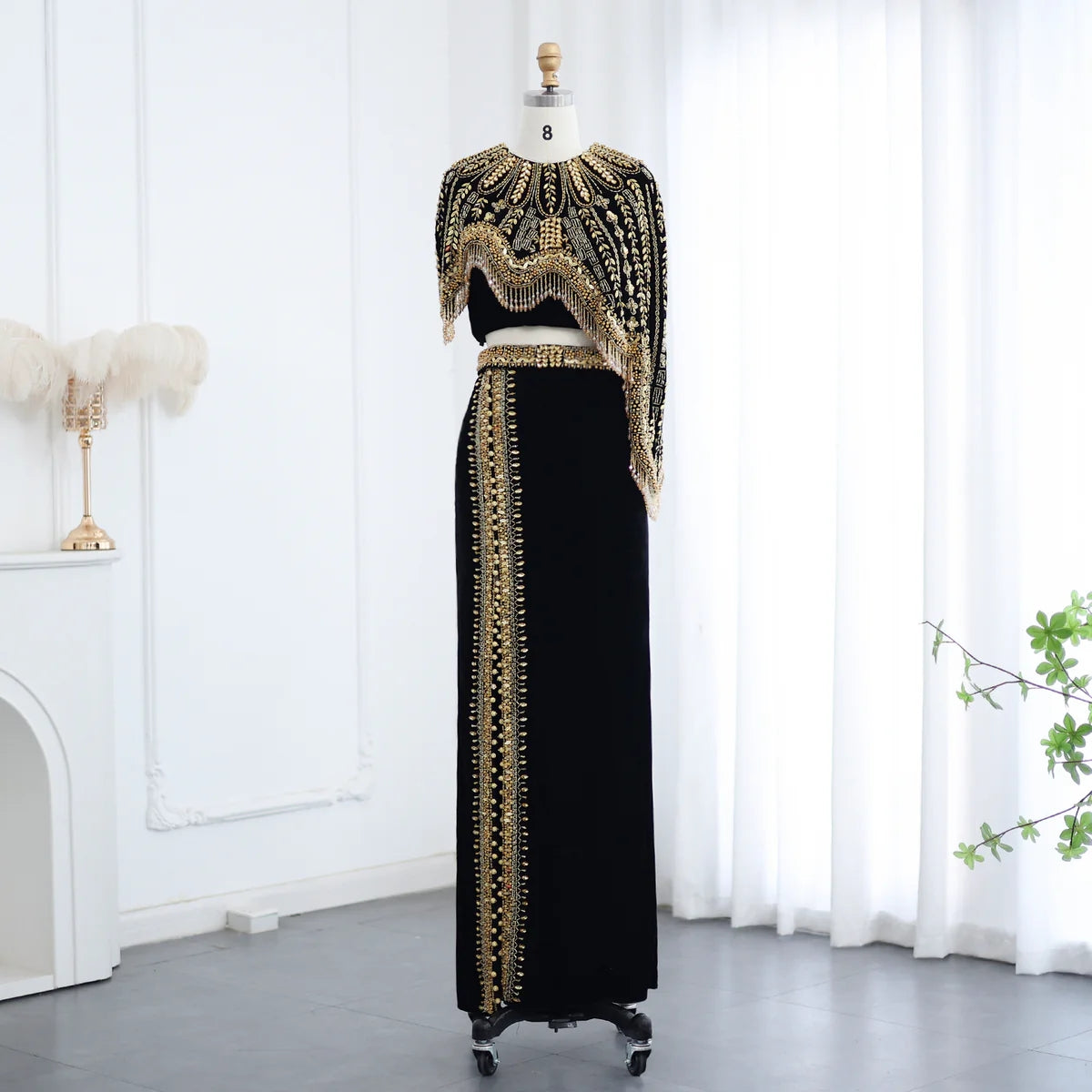 Luxury Black Two Pieces Evening Dress with Gold Beaded SS367