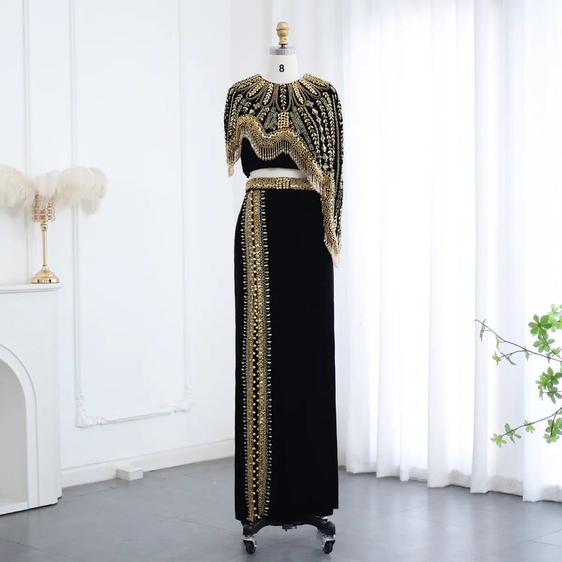 Luxury Black Two Pieces Evening Dress with Gold Beaded SS367