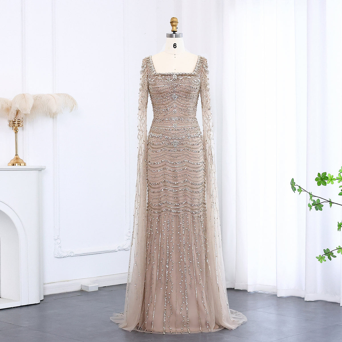 Luxury Caramel Square Neck Evening Dress with Cape Sleeves SS330