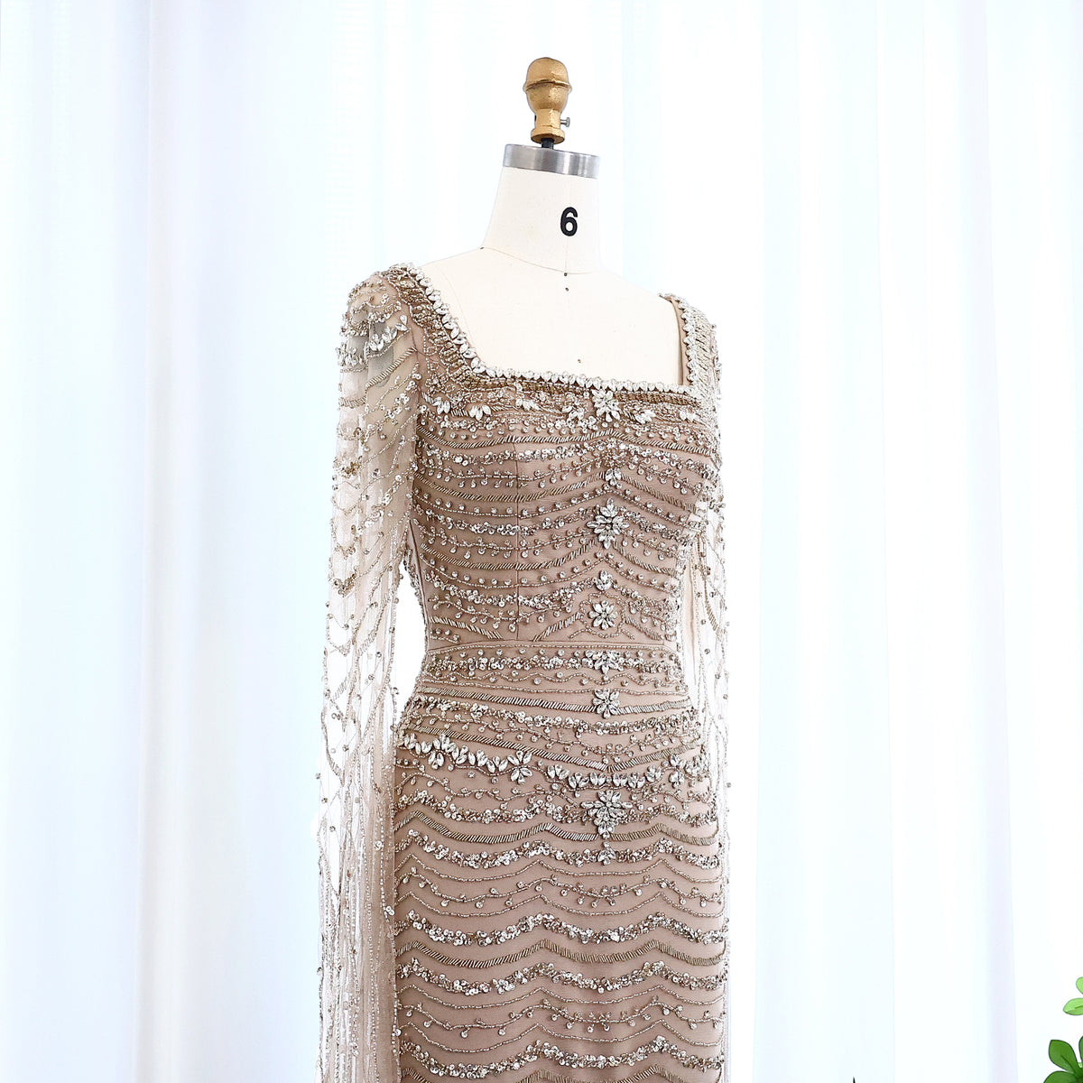 Luxury Caramel Square Neck Evening Dress with Cape Sleeves SS330