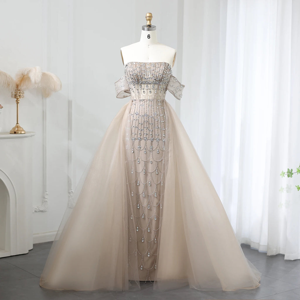 Luxury Champagne Evening Dress with Overskirt SS168 – Jill Wish