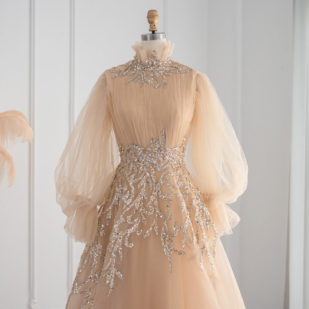 Luxury Champagne Long Sleeve Muslim Evening Dress SS496
