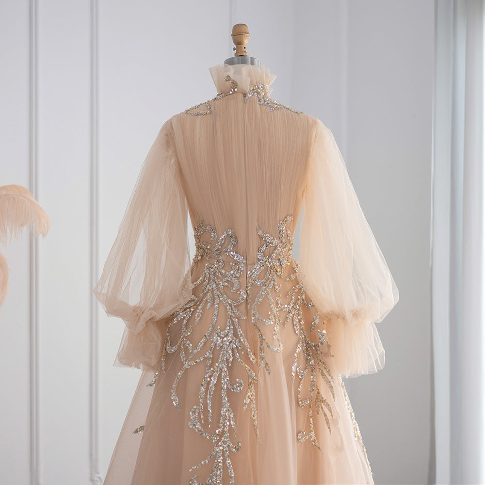 Luxury Champagne Long Sleeve Muslim Evening Dress SS496