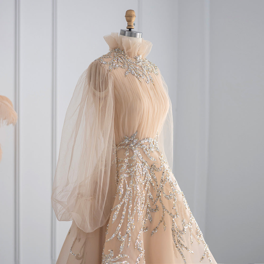 Luxury Champagne Long Sleeve Muslim Evening Dress SS496