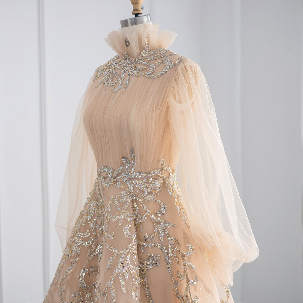 Luxury Champagne Long Sleeve Muslim Evening Dress SS496